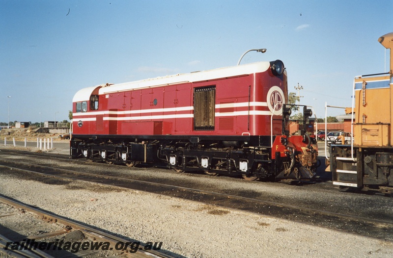 P02543
Restored Midland Railway F class 40 diesel locomotive, side and front view, Forrestfield.
