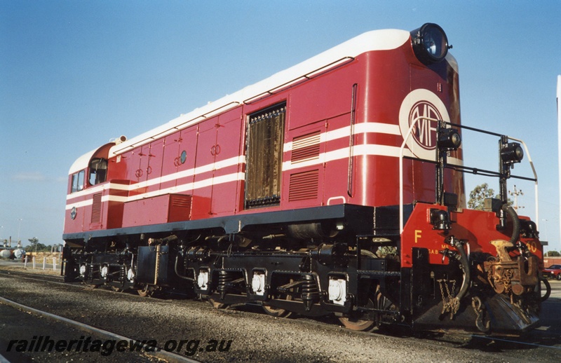 P02544
Restored Midland Railway F class 40 diesel locomotive, side and front view, Forrestfield.
