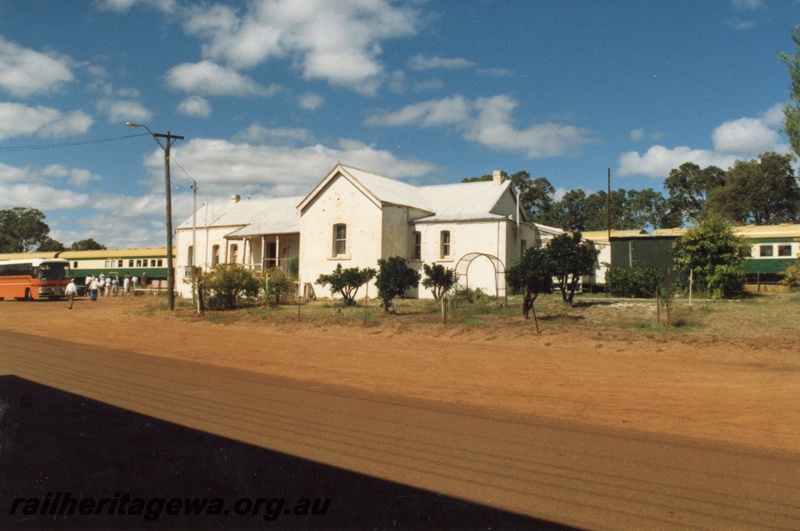 P02601
Station building, Gingin, MR line, rear view with a Hotham Valley Railway tour train at the station
