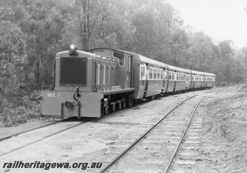 P02612
HVR loco SEC 1 on the inauguration train awaiting departure from Etmilyn to Dwellingup, front and side view of the train.
