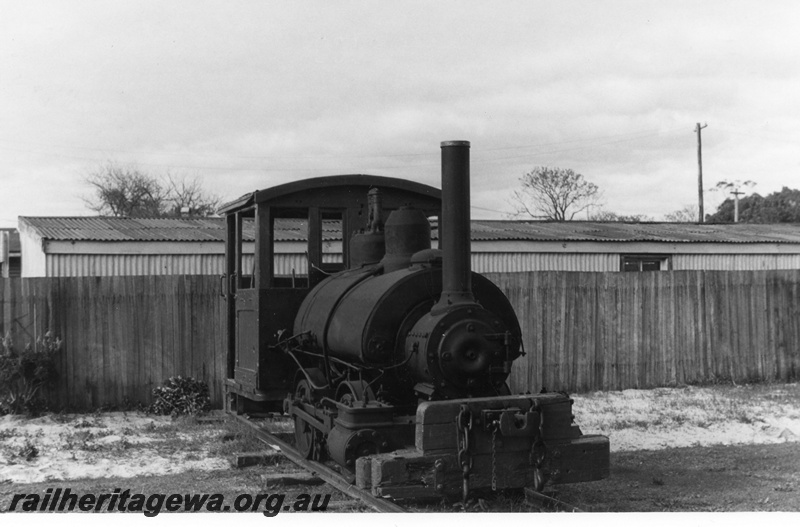 P02647
1 of 2, Kia-Ora steam locomotive, side and front view, Bunbury Technical school, c1960
