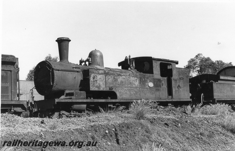 P02658
N class 201 steam locomotive, front and side view, Midland loco graveyard, c1960s.
