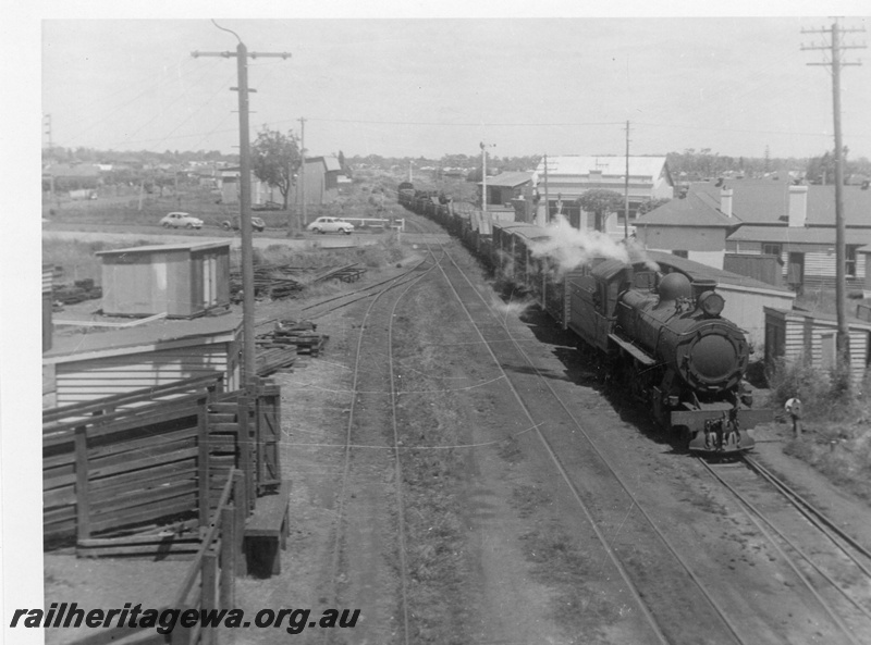 P02689
FS class 360 steam locomotive hauling a good train, stock yards, Bunbury. 
