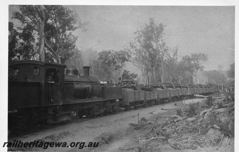 P02696
M class Garratt 389 2-6-0 + 0-6-2 steam locomotive hauling timber, side view, Holyoake, PN line, copy of a postcard. 
