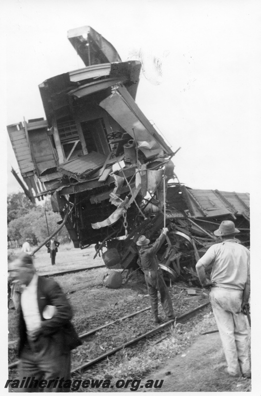 P02701
5 of 8. Rail smash at Yarloop. Impact end of brakevan from train No.21. SWR line.
