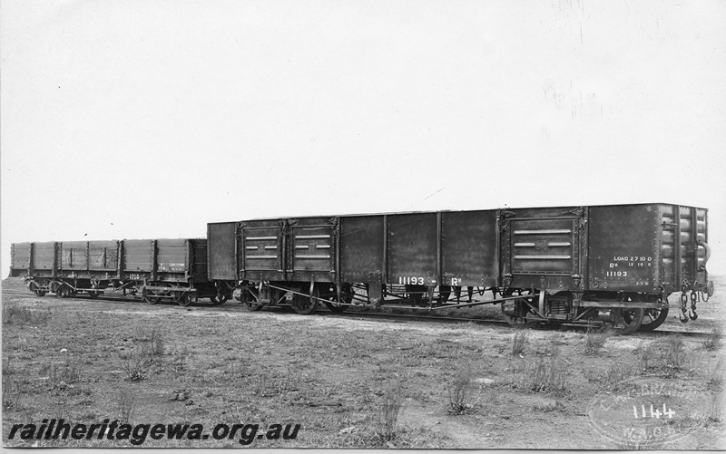 P02738
RB class 11193 steel bodied open wagon, R class 1718 bogie open wagon, side view.
