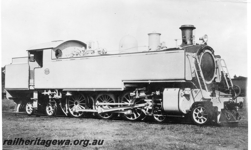 P02751
1 of 2, DM class 309 steam locomotive, side and front view, in photographic grey livery.
