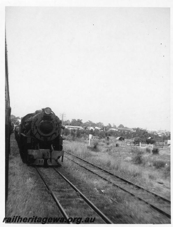 P02753
V class 1211 steam locomotive, front view, on down goods at Bellevue, ER line.
