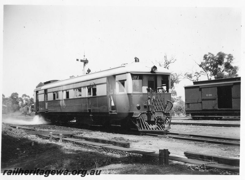 P02772
ASA class 445 steam railcar, Armadale, SWR line, side and non boiler end view, part view of clerestory roofed brake van Z class 98
