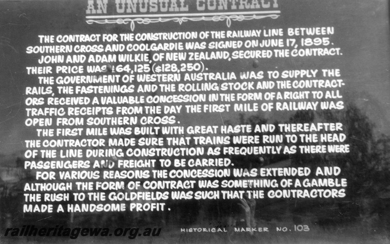 P02912
Historical marker regarding the contract for construction of Southern Cross-Coolgardie section, Coolgardie, c1970.
