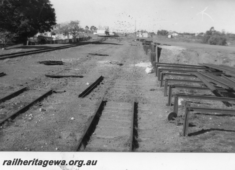 P02916
 Yard, showing lifted rails, Coolgardie, EGR line, c1970. 
