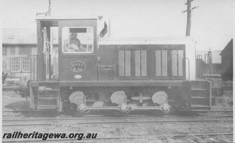 P02934
MRWA E class 30 diesel hydraulic shunting locomotive, side view, Midland Railway yard, Midland, MR line.
