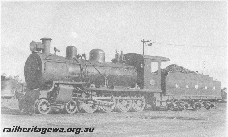 P02935
MRWA D class 19 steam locomotive, front and side view, Midland railway yard, Midland, c1960.
