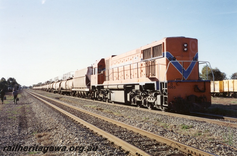 P02945
D class 1565 diesel locomotive, working a caustic train, crew change over, Pinjarra, SWR line.
