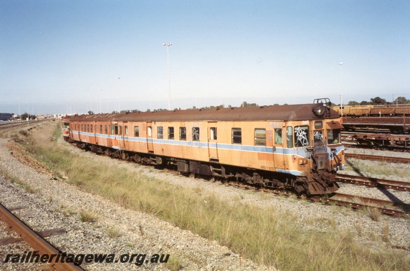 P02947
ADG/V class 603 suburban diesel railcar plus two other ADG/V class railcars stowed at Forrestfield, side and front view.
