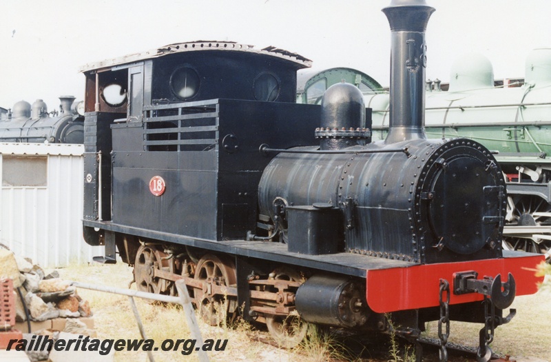 P02956
H class 18 steam locomotive, side and front view, AHRS museum, Bassendean.
