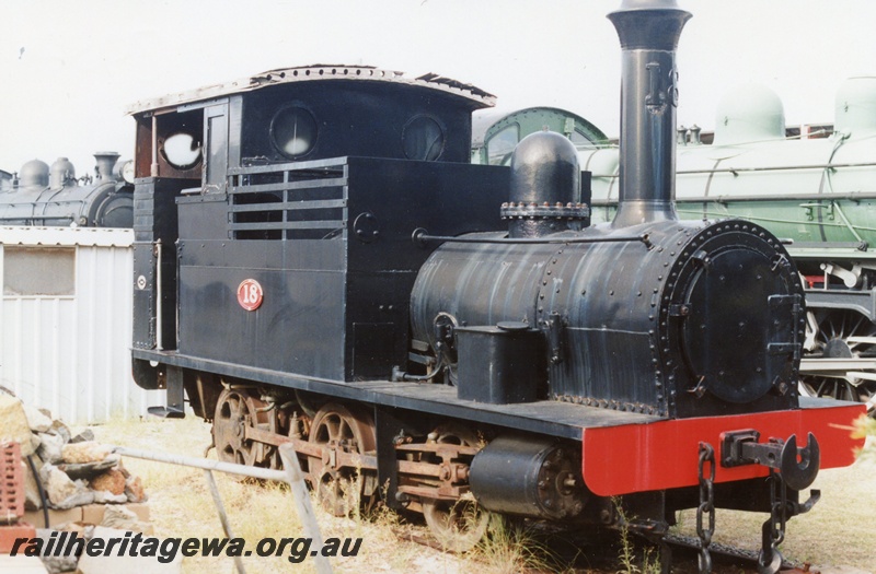 P02956
H class 18 steam locomotive, side and front view, AHRS museum, Bassendean.
