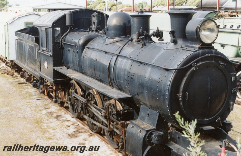 P02962
ES class 308 steam locomotive, slightly elevated side and front view, AHRS museum, Bassendean. 
