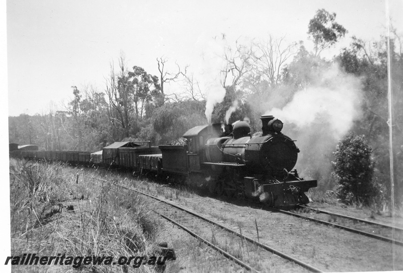 P02983
F class 285 steam locomotive on the No.71 down Brunswick Junction-Collie mixed goods train, side and front view, at Beela, BN line.
