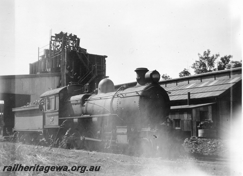 P02998
F class 280 steam locomotive, side and front view, coal stage, sheds, Collie, BN line.
