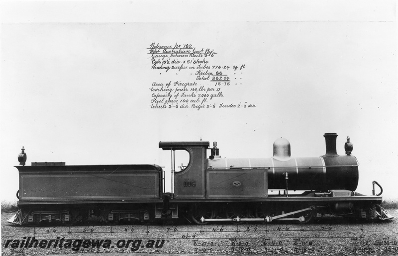 P03252
O class 106 steam locomotive, side view, builder's photo with engine specifications. Same as P0759
