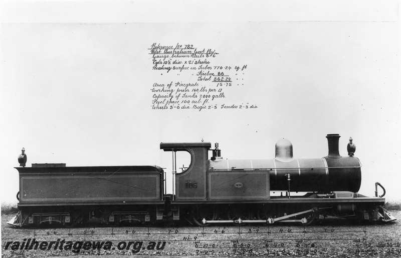 P03252
O class 106 steam locomotive, side view, builder's photo with engine specifications. Same as P0759
