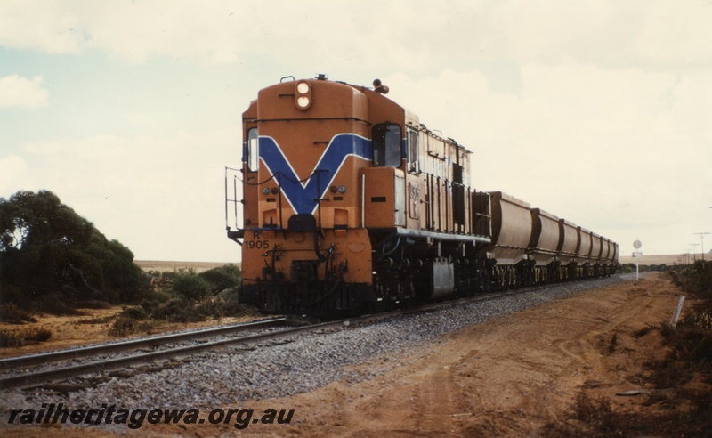 P03334
R class 1905 diesel locomotive, ballast train, front and side view, Arrino, MR line.
