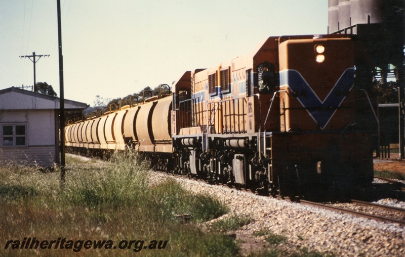 P03336
DA class 1576 and 1575 diesel locomotives, side and front view, grain train, second station building, Mogumber, MR line.
