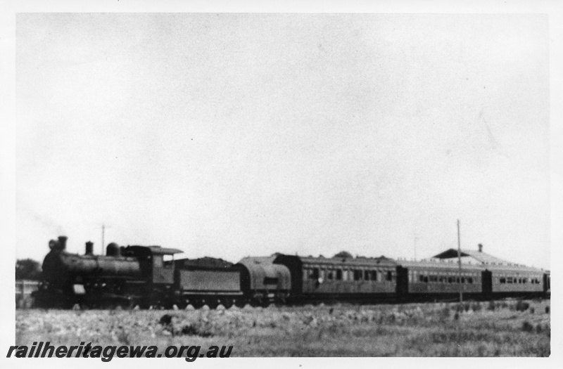 P03344
C class steam loco, passenger train including an AP class carriage in the consist, Esperance, CE line, possibly the 