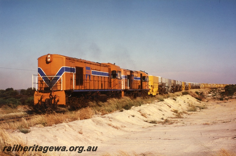 P03354
R class 1905 and R class 1904 diesel locomotives on a talc/wheat train, front and side view, Yandanooka, MR line.
