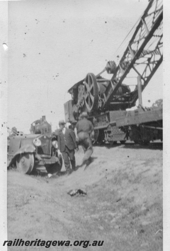 P03362
2 of 3 images of the derailment of the Dort car near York, GSR line (ref: Westland issue 79, August 1991), Dort car next to the track, after being lifted by the 25 ton Cravens breakdown crane
