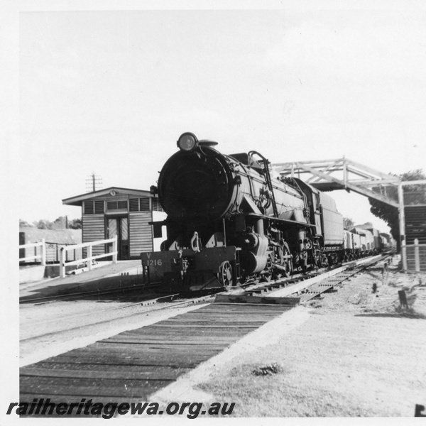 P03415
V class 1216 steam locomotive on goods train, front and side view, foot bridge, end of station building, Chidlow, ER line.
