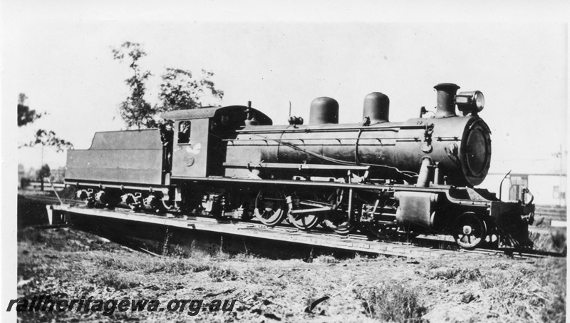 P03416
MRWA A class 27 steam locomotive on turntable, side view.
