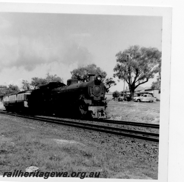 P03420
W class 953 steam locomotive hauling ADG diesel railcar, front and side view, East Perth, ER line.
