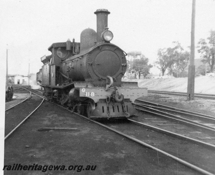 P03446
G class 118 steam locomotive, front view, shunting at East Perth loco sheds, ER line.
