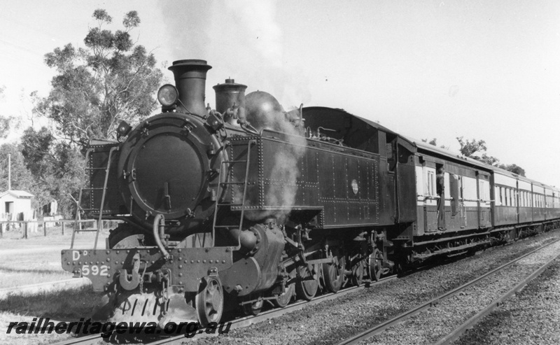 P03456
DD class 592 steam locomotive on a passenger special, brakevan immediately behind the loco, front and side view, Mundijong, SWR line.
