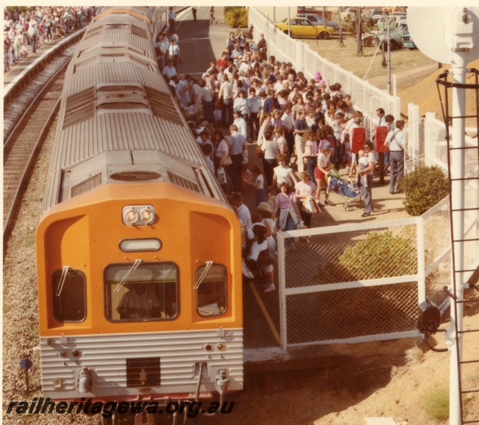 P03463
ADL-ABC class railcar set, elevated view, Showground platform, ER line, c1980.
