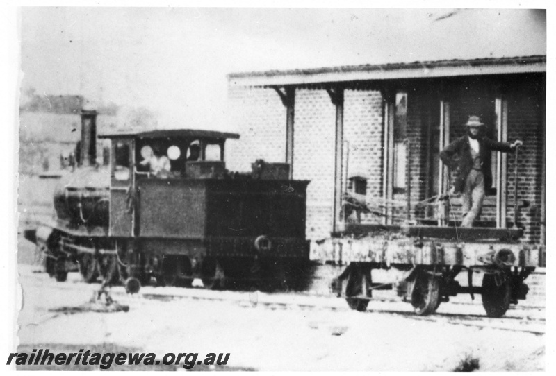 P03501
J. Robb's A class steam locomotive, side and end view, 4 wheel flat top wagon, Perth station, ER line.

