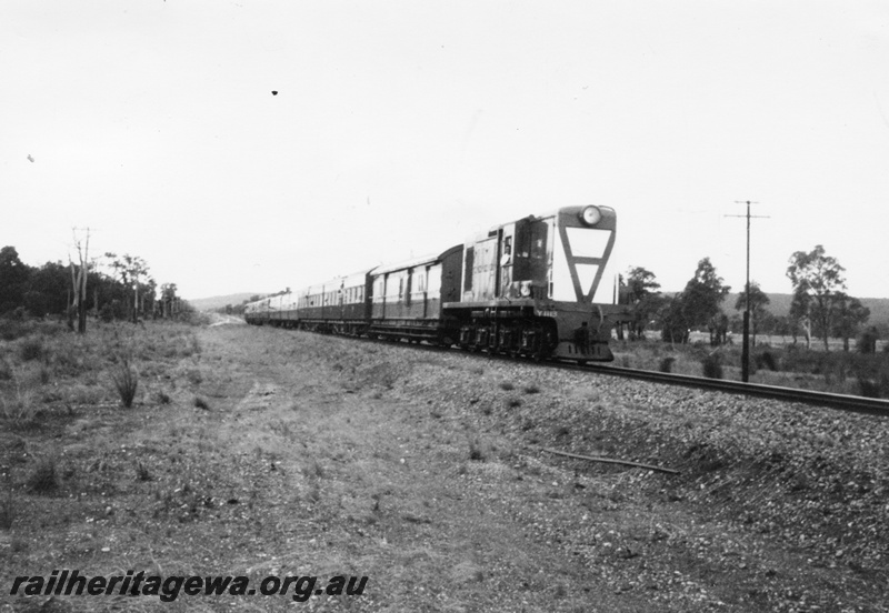 P03508
Y class 1113 Bo-Bo diesel electric shunting locomotive hauling ARHS Twilighter Tour, Australind carriages, side and front view, Mundijong, SWR line.
