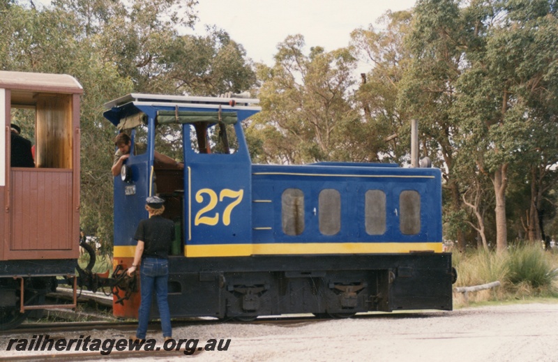 P03514
Bennett Brook Railway (BBR) previously PWD No.27 diesel locomotive, end and side view, Whiteman Park.
