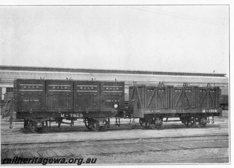 P03517
M class 7825 as new before being reclassified to MA class in 1929  and M class 1914 coal box wagons, side view, Midland Workshops.
