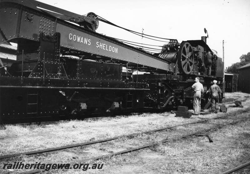 P03581
5 of 7 images of the Cowans Sheldon 60 ton breakdown crane No.31, view along the side of the crane, track level view
