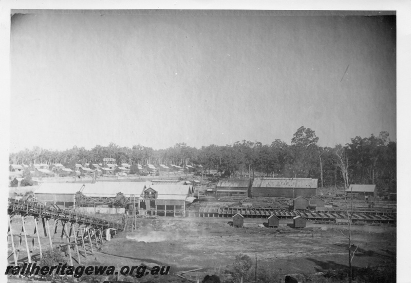P03595
Millars No. 1 mill at Jarrahdale before 1929, elevated view overlooking the mill and townsite

