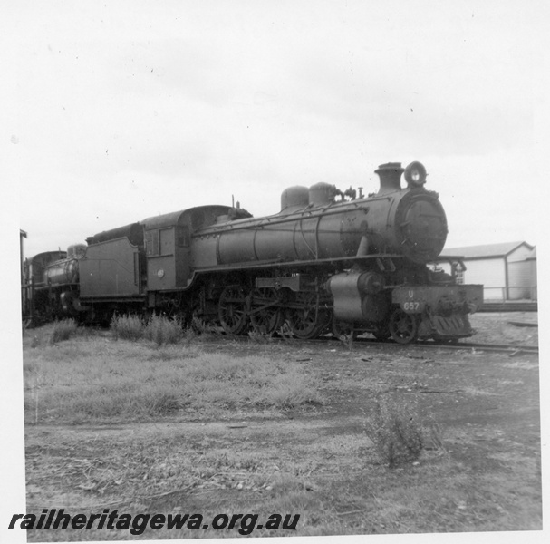 P03604
U class 657 steam locomotive, side and front view, stowed at Midland, ER line.
