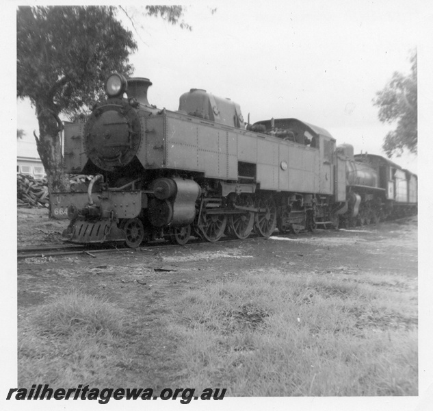 P03615
UT class 664 steam locomotive, front and side view, stowed at Midland, ER line.
