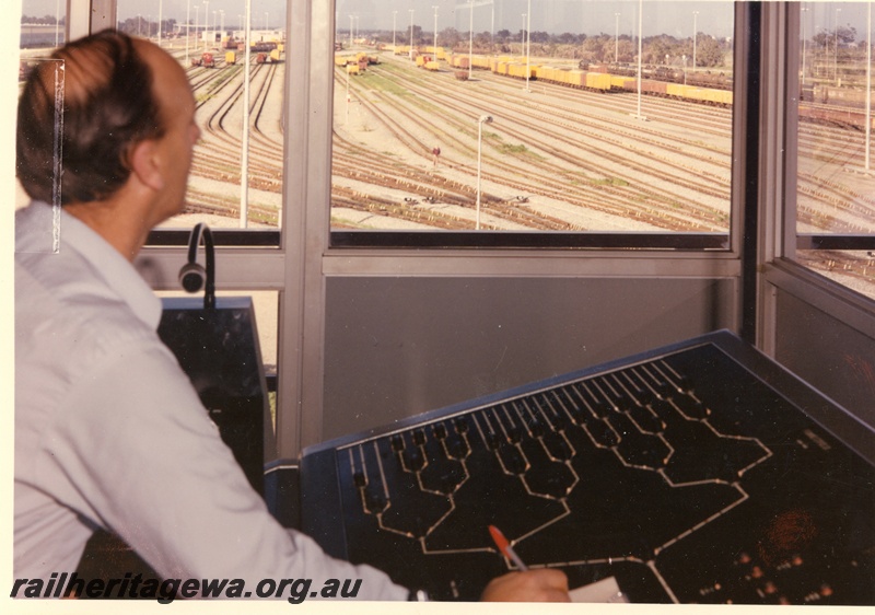 P03765
Area control humpyard Forrestfield, view of tracks and rolling stock from humpyard tower.
