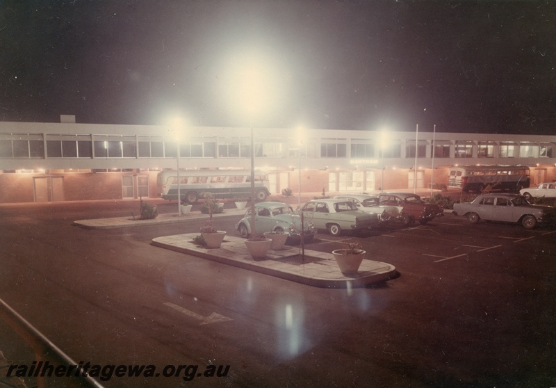 P03800
Station building, Northam, at night, view from car park, buses and cars, EGR line
