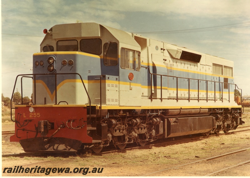 P03809
L class 255, light and dark blue with yellow lining, front and side view
