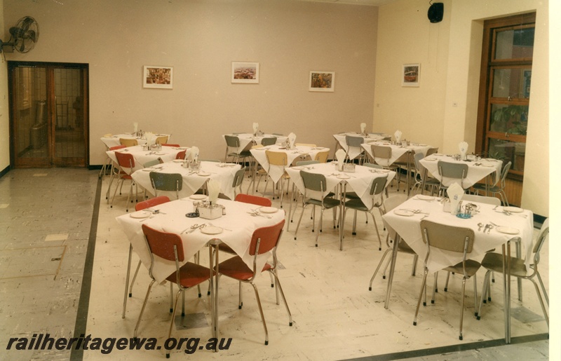 P03812
2 of 2 photos of Dining room interior, tables set, looking towards interior door, Perth City station, ER line
