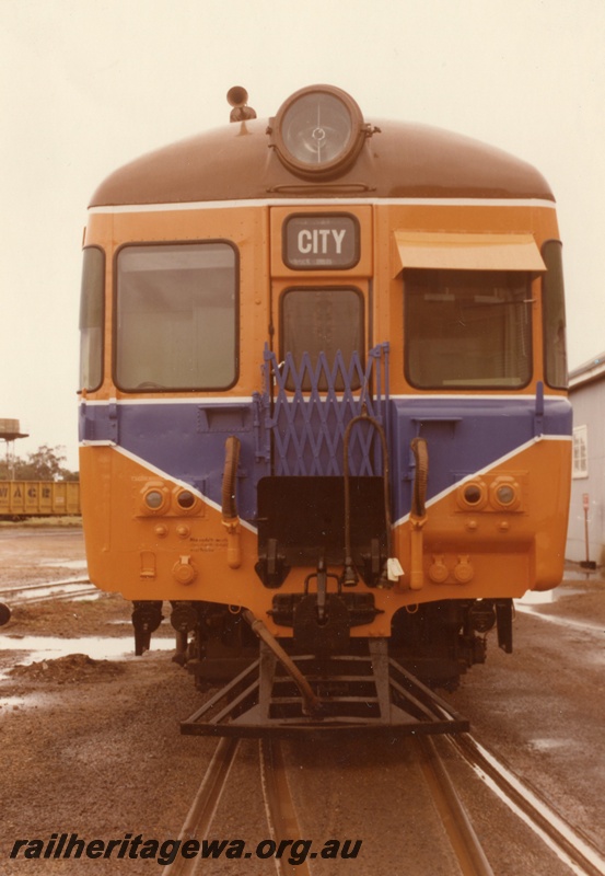 P03826
ADA class suburban railcar trailer, Westrail orange with blue and white stripe, front view
